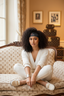 Woman sitting on a patterned couch with Louis Vuitton luggage in the background