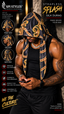 A muscular man wearing a black silk headscarf with a gold chain and scroll pattern, styled as a drape over his shoulders. The image is a promotional graphic for SPI STYLES 'Strapless Splash Silk Durag' with multiple circular inset views showing the front, side, and back of the product, along with feature icons on the left.