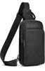 Black pebbled leather crossbody bag with a wide adjustable shoulder strap, shown on a plain white background.