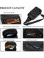 A product capacity infographic showing a black crossbody phone bag from multiple angles, including close-ups of its interior compartments, labeled with text such as small front pocket, open pocket on the inside, zippered pocket inside main pocket, large main pocket, and small back pocket.