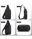 Black sling backpack shown from four angles: front, side, back, and bottom, arranged in a 2x2 grid on a white background with labels.