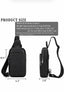 Black leather crossbody bag shown from front and side views with product size measurements and a material/specification box on a white background.
