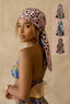 Woman wearing a patterned headscarf with inset images of similar scarves.