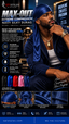 A promotional graphic for SpIStyles Navy Silky Durag, featuring a man wearing a navy blue satin-like hair wrap. The graphic includes product features, marketing text, color options, and usage benefits.