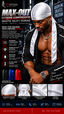 A promotional graphic for the Sp1Styles Max-Out Extreme Compression White Silky Durag. It features a male model wearing the white durag wrapped around his head and neck, with a black shirt and silver chain.