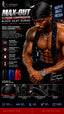A promotional poster for SPI STYLES Max-Out Extreme Compression Black Silky Durag, featuring a muscular man wearing the black headwrap. The poster includes product features, available colors, and usage icons on a red and black background.