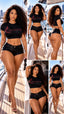 A six-panel collage showing a woman modeling a black cropped T-shirt with a pink 'SPI STYLES' graphic and black high-waisted shorts on a yacht deck. The collage includes front, back, and side views of the outfit.