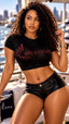 Rosetta “Girls Weekend” Black Crop Top, with Red Rose Rhinestones