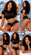 A five-panel collage showing a woman modeling a black short-sleeve crop top with a red 'SPI STYLE' graphic and black high-waisted shorts on a boat with a city skyline in the background.