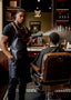 Barber using a hair dryer on a customer in a barbershop with a Louis Vuitton logo.