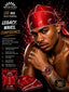A shirtless man wearing a red patterned bandana and a matching folded silk durag pack is featured against a dark red background with text highlighting SPI STYLES OG Red Silk Durag features and benefits.