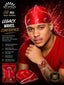 A promotional graphic for SPI STYLES 06 Red Silk Durag, featuring a man wearing a red silk durag and red t-shirt, alongside product packaging and folded red silk durag. The background is black with red splatters, and the text highlights the product's features and specifications.