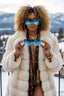 Woman in a white fur coat holding blue sunglasses with a snowy mountain background