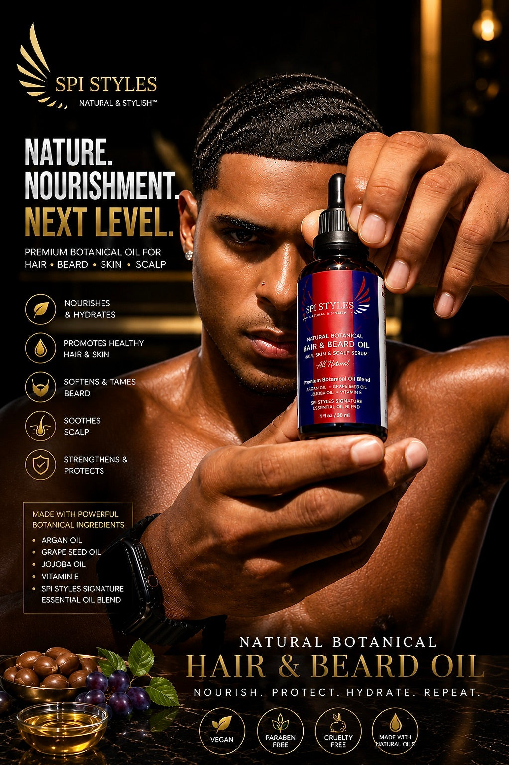 A promotional ad-style product photo for SPI STYLES hair and beard oil. A shirtless man holds a small black dropper bottle with a red-and-blue label toward the camera.