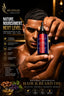 A promotional ad-style product photo for SPI STYLES hair and beard oil. A shirtless man holds a small black dropper bottle with a red-and-blue label toward the camera.