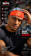 A lifestyle promotional image for SPI Styles Durags featuring a male model wearing a patterned blue and white cap with a bright orange-red undercap. The background shows a blurred shoe store setting with various sneakers.