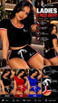 A promotional collage for a women's two-piece outfit by SPI STYLES, showing a woman modeling a black crop top and matching shorts with red and white trim, plus inset views and color variants labeled black, red, and blue.