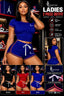 A promotional collage for a women's two-piece athletic outfit. The main panel shows a woman modeling a royal blue crop top and matching shorts with red and white trim.