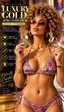 A woman with voluminous curly afros models a gold-finished fist-style hair pick, holding one pick in each hand. The image features promotional text overlays on the left detailing the product's features and style, set against a warm, blurred background.