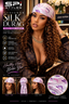 A promotional graphic for SPI Styles Designer Silk Durag in White and Purple. A model with long, wavy brown hair is shown wearing the silk headwrap, which features a white base with purple floral patterns.