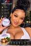 A woman holds a round tin of SPI STYLES Argan Oil Hair Conditioner, with a white towel showing the product label, set against a dark, elegant background with promotional text and icons.