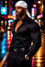 A muscular man wearing a black satin button-down shirt, black trousers, a black belt, and a white headwrap stands on a wet city street at night with colorful neon lights reflecting on the pavement.