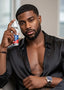 Man holding a bottle of cologne with a blurred background