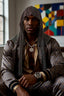Man wearing a textured headscarf and leather jacket in a room with abstract art on the wall.