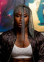 Person wearing a Louis Vuitton jacket with a rhinestone headpiece against a colorful background