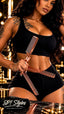 A woman modeling a rose gold hair comb and matching scissors in a luxurious vanity setting with gold lights. She is wearing a black ribbed crop top and shorts, and the brand logo 'EPI Styles' is visible in the bottom left corner.