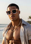 Man wearing sunglasses and a partially unbuttoned shirt on a beach