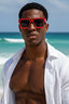 Man wearing red sunglasses and a white shirt on a beach