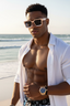 Man on a beach wearing sunglasses, white shirt, and watch