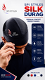 A man wearing a black SPI Styles Silk Durag cap, shown in a promotional graphic with text highlighting product features and available colors.