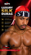 A shirtless man wearing a red and black silk durag headwrap with white 'STY' lettering, posed against a dark red and black promotional background with SPI STYLES branding and text about luxury silk durags.