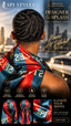 A promotional banner for SPI Styles Designer G-Splash premium silky durag. The main image shows a man from behind wearing a dark braided wig and wearing a red and blue silk-like durag with gold lettering.