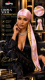 A woman models a pink satin durag with gold foil patterns and a gold inner lining, styled in a luxurious black leather setting with promotional text and product callouts for SPI Styles.