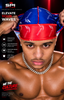 A shirtless man wearing a blue and red SPI Styles premium silk durag, with hands adjusting the top. The background is a dark red curtain with promotional text overlays for SPI Styles.