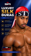 A muscular man wearing a red and black SPI Styles luxury silk durag with white wave details, posed against a dark blue background with product feature text on the left.
