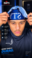 A man wearing a dark navy blue silk durag with white lettering, holding the top of the head covering up. The image features branding for SPI Styles, with text overlays highlighting the premium silk fabric and its benefits.