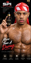 A promotional lifestyle image for SPI Styles Premium Silk Durags. A shirtless man with a red and white durag holds up a bottle of silk durag serum.