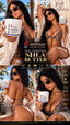 A four-panel promotional collage for SPI STYLES Shea Butter, featuring a woman in a spa-like setting holding a tub of the product. The center contains large text reading 'SPI STYLES' and '100% UNREFINED SHEA BUTTER,' with smaller benefit callouts around the image.