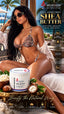 A woman reclines in a sunlit lounge setting wearing a patterned bikini and sunglasses, with a jar of SPI STYLES Shea Butter product placed in the foreground on a tray with nuts and cream. The image includes promotional text and icons for the shea butter product.