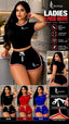 A promotional collage for a women's two-piece outfit featuring a black crop top and matching shorts with red and white trim, shown on a model in a kitchen setting. The image includes text reading 'LADIES 2 PIECE OUTFIT,' feature icons, smaller inset views, and color options labeled Black, Red, and Blue.