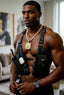 Man wearing a tactical vest with a gun holster in a living room setting