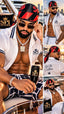 A man wearing a white open-front polo shirt with navy trim, matching white shorts, a red and black patterned bandana, and sunglasses, posed on a yacht with city skyline in the background. Multiple inset views show the same outfit and accessories, with visible text including 'SPI STYLES' and 'We The Culture'.