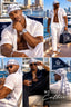 A five-panel collage showcasing a male model in various poses on a yacht, wearing a white short-sleeve button-up shirt, white trousers, a white patterned bandana, and sunglasses. The brand 'SPI STYLES' is visible on the bandana and a bag in the top-right panel.