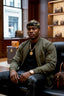 Man sitting on a leather couch in an elegant interior setting with shelves and bags.