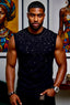 Man wearing a black sleeveless shirt with star patterns in an indoor setting
