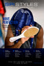 A person wearing a navy blue wig cap holds a SPI STYLES wave brush in their hands. The ad includes marketing text and a dark blue informational footer with feature callouts.